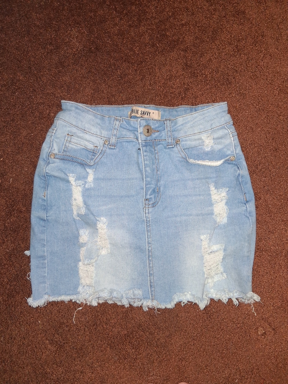 Blue Savvy Light Blue Distressed Denim Mini Skirt